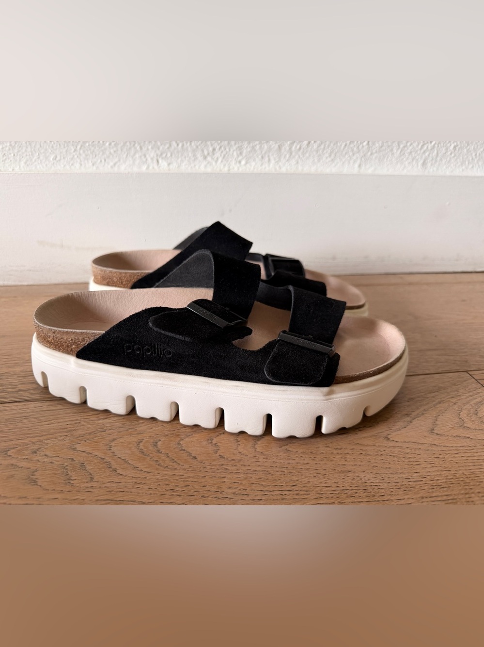 Papillio Black Suede Double Strap Platform Sandal